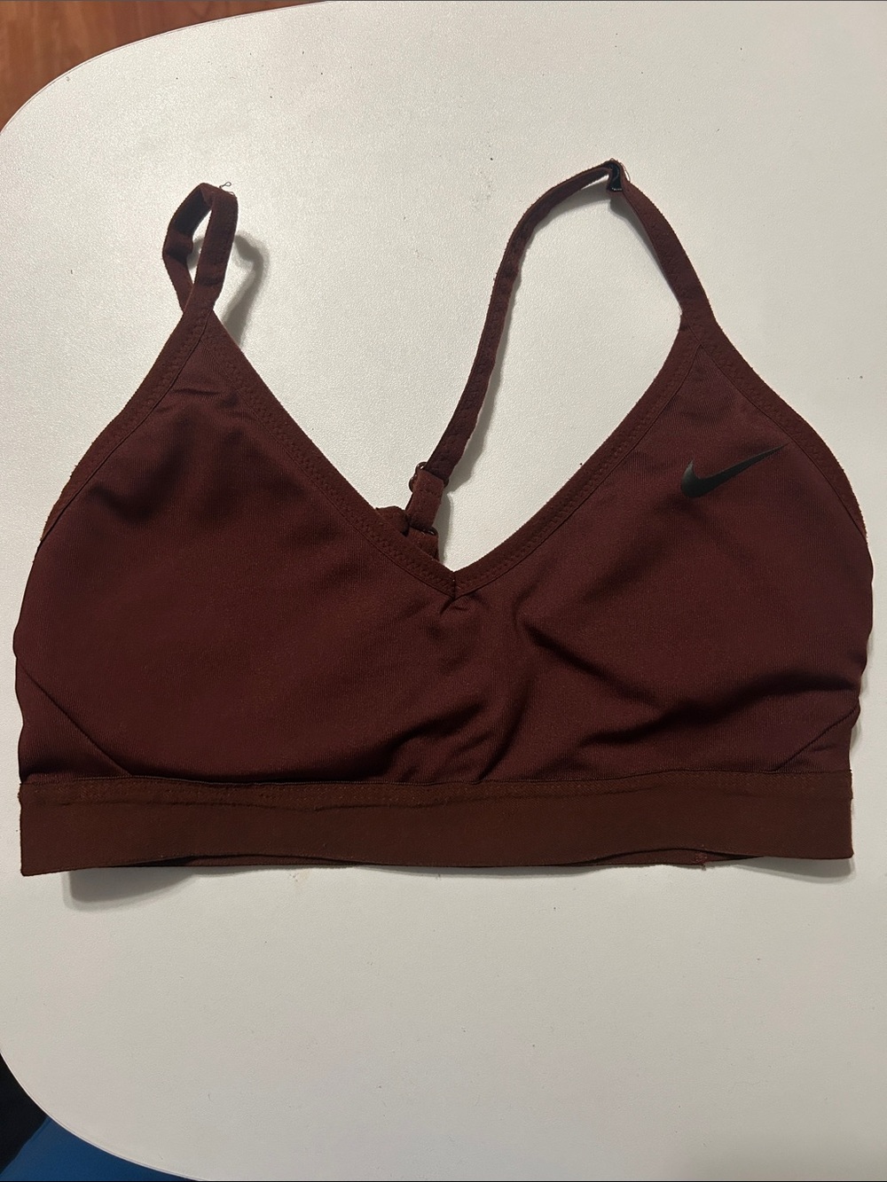 Nike Women's Brown Light-Support Sports Bra with Black Swoosh